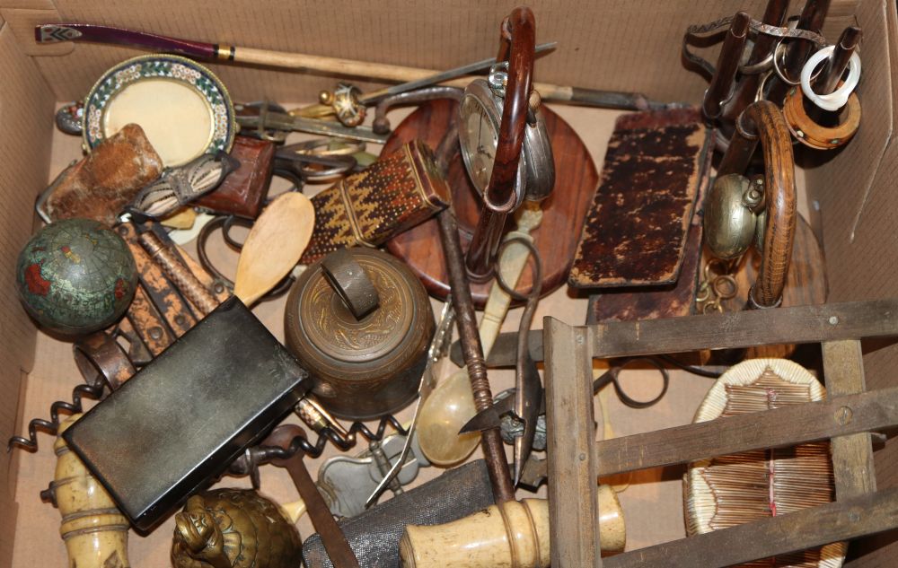 Miscellany to include a Heeley & Sons concertina corkscrew, two watch stands, a brass easel etc.